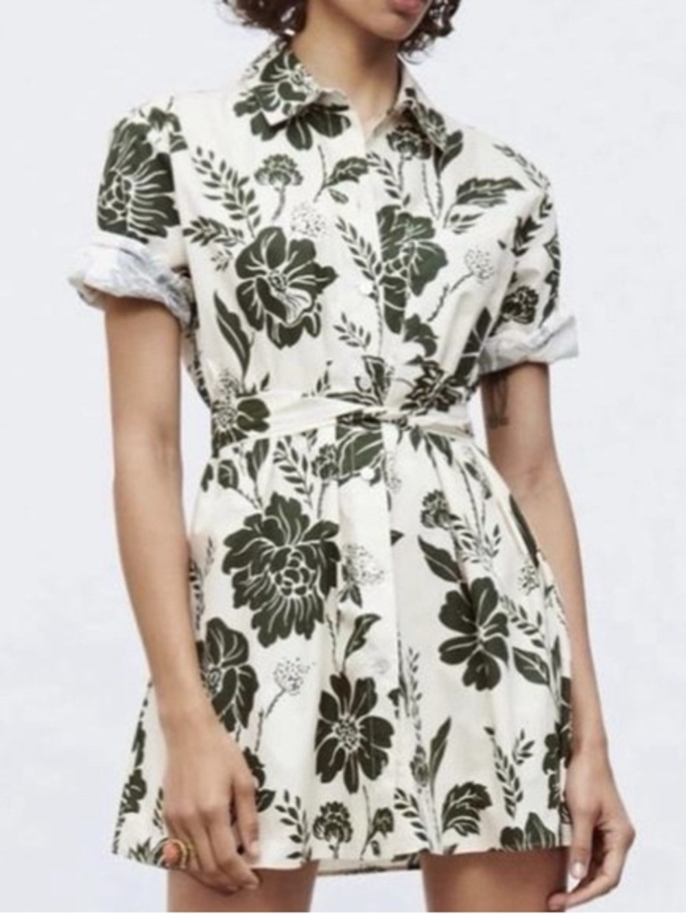 Zara Cream Shirt with Dark Green Botanical Print